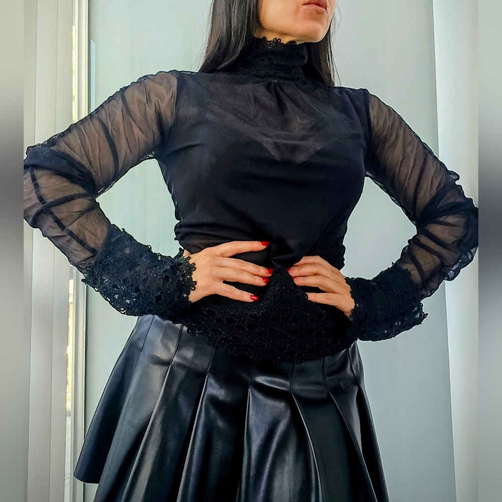 Elegant Sheer Black Lace-trimmed Women's Top